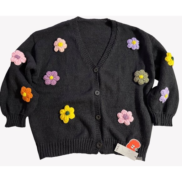 Cider Sweaters - NWT Cider Womens Black Cropped Cardigan Crochet Flower Appliques 3XL